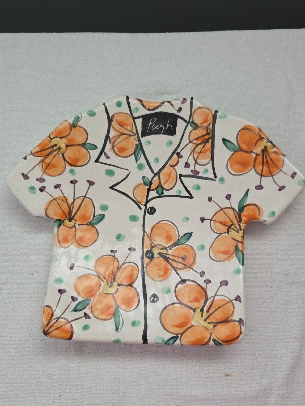 Jan Pugh Hand-Painted Floral Shirt 9 1/2" Dish - Orange Floral- Signed